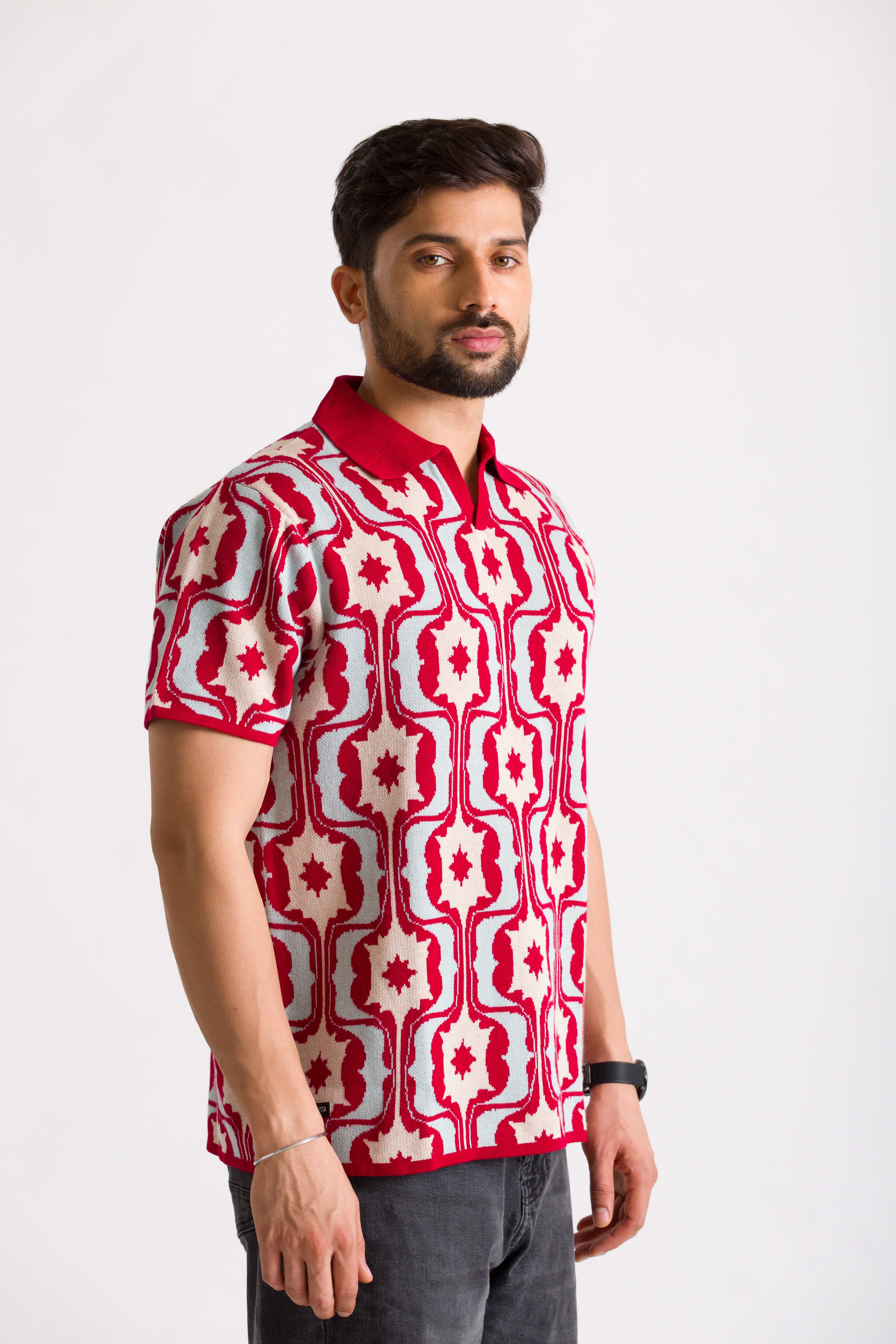 Knitted Red Jacquard polo T-shirt